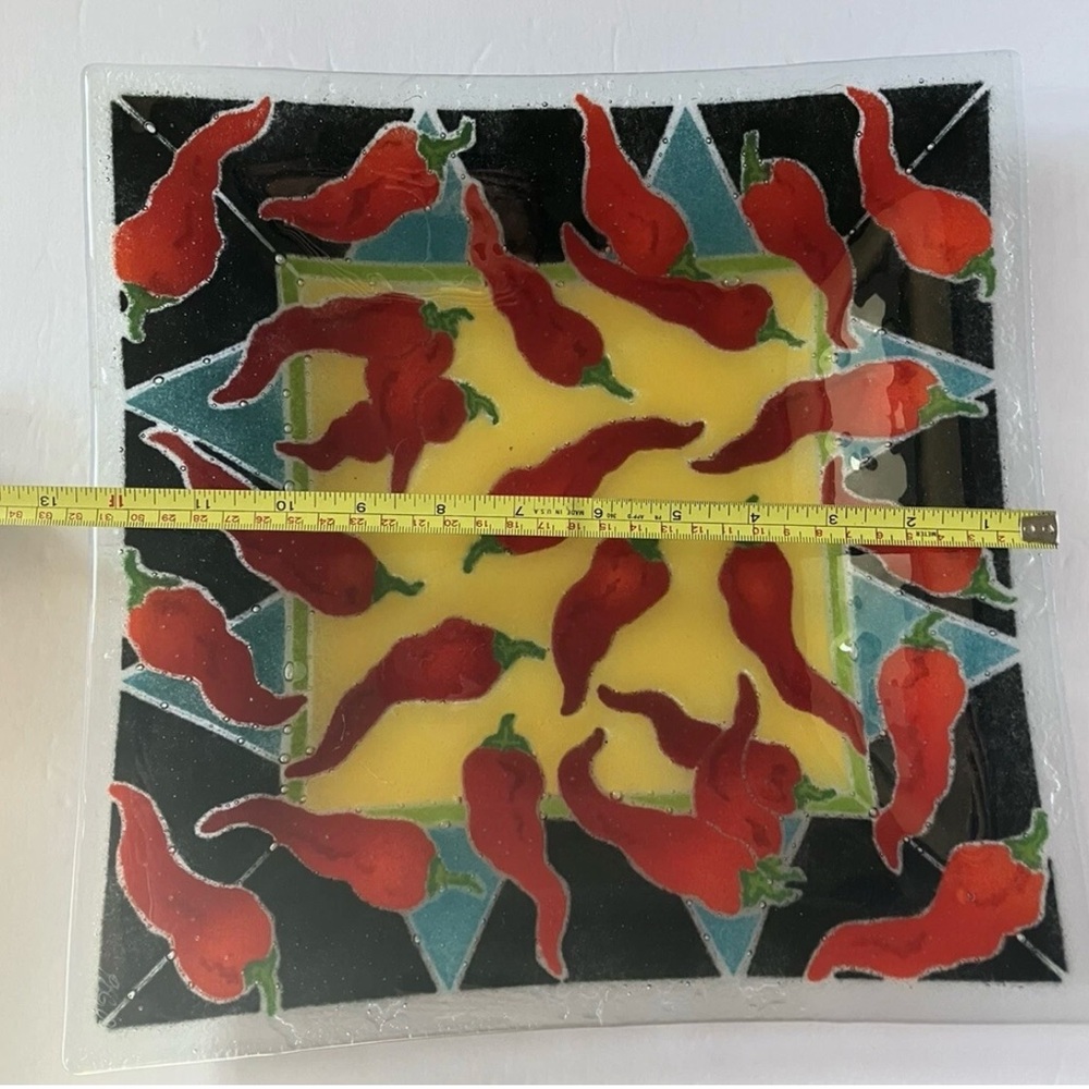 Peggy Karr Fused Glass Chili Pepper Serving Dish 12.5 Inch Square Signed
